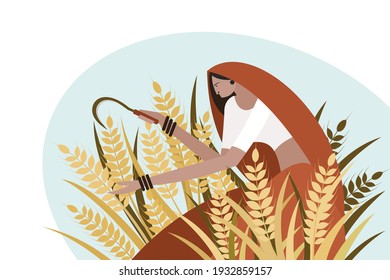 Traditionally dressed woman harvesting wheat using a sickle