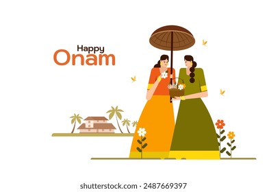 Traditionally dressed young women collecting flowers in a basket. Concept of Onam festival in Kerala