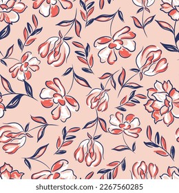 Traditionally hand drawn flower pattern on orange background