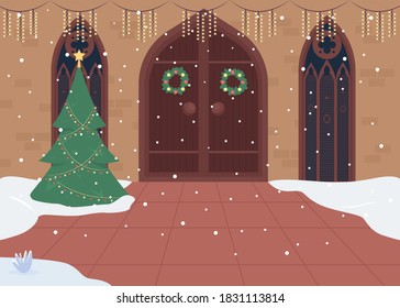 Traditionaly decorated church enarance flat color vector illustration. Xmas worship gathering. Singing holiday carols. Christmas 2D cartoon interior with big wooden doors on background