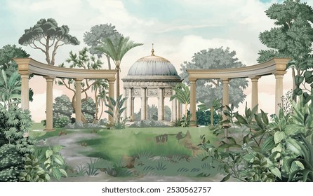 Traditionam Mughal Wall Mural, Greek Garden Illustration, Wallpaper Illustration.