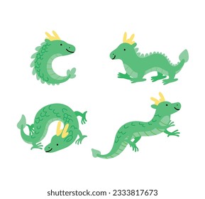 Traditionnal chinese dragon vector set collection. Different poses of cute cartoon chinese dragons. CNY 2024 chinese zodiac dragon isolated vector.