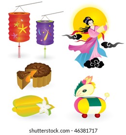 Traditions of Chinese Mid Autumn Festival including star fruit, moon cake, lantern, rabbit lantern, fairy and full moon.