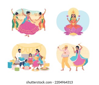 Traditions during Diwali 2D vector isolated illustrations set. Deepavali customs. Celebrating flat characters on cartoon background. Colourful editable scene pack for mobile, website, presentation