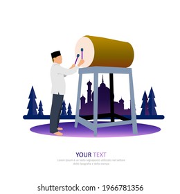 Traditions of Eid Al Fitr in Indonesia, hit bedug (drum) become a symbol of Eid al-Fitr the sign of the day of victory had arrived, illustration vector graphic of ramadan