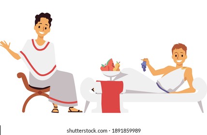 Traditions of feast dinners in ancient rome. Male citizens in traditional clothing eat fruit. Culture and history roman empire. Flat cartoon vector isolated illustration.