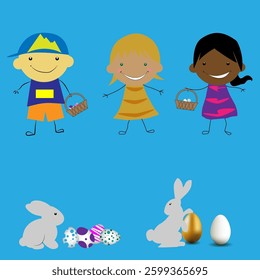 Traditions of Great Britain, Happy Easter, Bunny hides eggs and children with basket search, EPS10 vector illustration.