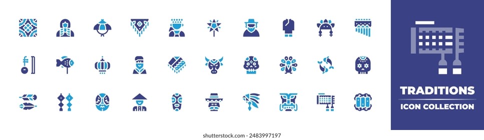 Traditions icon collection. Duotone color. Vector illustration. Containing tile, nativeamerican, musicalinstrument, chinese, shawl, kasa, woman, paperlantern.