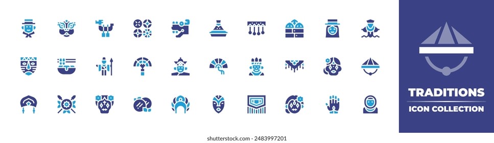 Traditions icon collection. Duotone color. Vector illustration. Containing mask, dasik, performer, dragon, quetzalcoatl, tajine, dragonboat, izanagi, colombian, fan, tteokbokki.