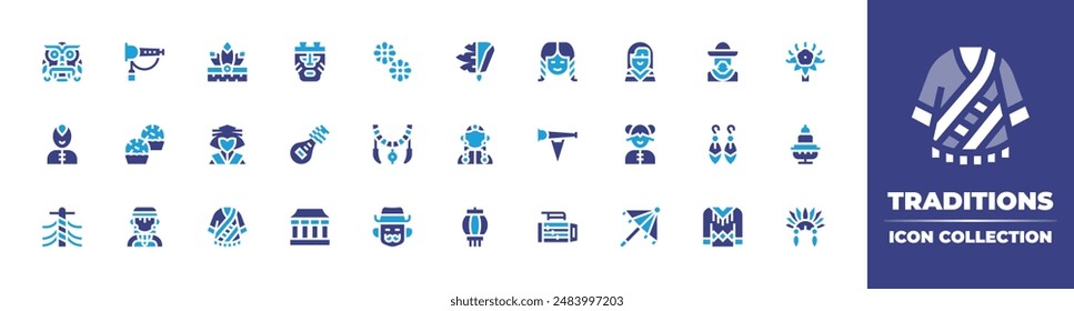 Traditions icon collection. Duotone color. Vector illustration. Containing brigadeiro, kabuki, mask, nativeamerican, trumpet, musicalinstrument, dragon, boy.