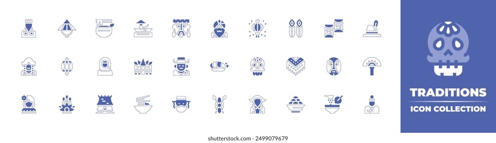 Traditions icon collection. Duotone style line stroke and bold. Vector illustration. Containing traditional, nigiri, pho, lantern, catrina, rowing, mask, cowboy, woman, kasa, turban, dutch, muslim.