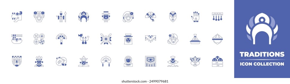 Traditions icon collection. Duotone style line stroke and bold. Vector illustration. Containing mask, dasik, performer, man, arepa, dragonboat, colombian, spears, kokoshnik, tteokbokki, girl, fan.