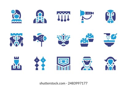 Traditions icon set. Duotone color. Vector illustration. Containing pendant, dragon, brigadeiro, dip, mask, trumpet, mexicanwoman, woman, paperlantern.