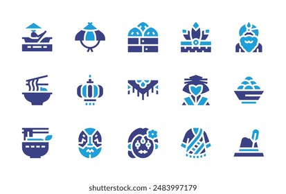 Traditions icon set. Duotone color. Vector illustration. Containing noodle, pho, kabuki, rowing, catrina, nativeamerican, poncho, shawl, chinese, kasa, dimsum.