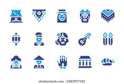 Traditions icon set. Duotone color. Vector illustration. Containing mehndi, philippine, nativeamerican, colombian, rong, shawl, lantern, catrina, dutch.