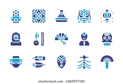 Traditions icon set. Duotone color. Vector illustration. Containing tile, tajine, lantern, catrina, kadomatsu, musicalinstrument, fan, dragon, muslim, boy.