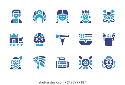 Traditions icon set. Duotone color. Vector illustration. Containing man, home, paseodelaolla, trumpet, tteokbokki, skull, bavarian, kokoshnik, dragon.