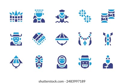 Traditions icon set. Duotone color. Vector illustration. Containing mask, chinesehat, woman, cowboy, shield, necklace, girl, kasa, poncho, bavarian.