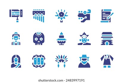 Traditions icon set. Duotone color. Vector illustration. Containing incense, performer, quetzalcoatl, zampona, musicalinstrument, kumade, skull, peruvian.