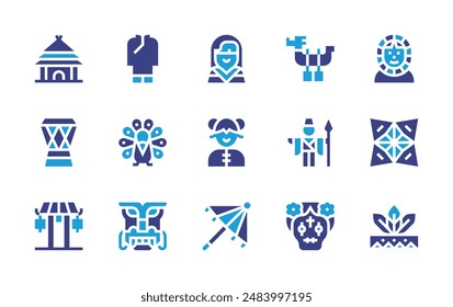 Traditions icon set. Duotone color. Vector illustration. Containing cootiecatchers, drum, peacock, headdress, izanagi, catrina, arch, chinese, barongmask, girl.