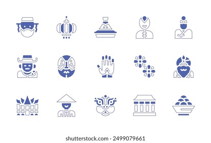 Traditions icon set. Duotone style line stroke and bold. Vector illustration. Containing yakgwa, sweet, independencehall, traditional, dragon, mehndi, philippine, cowboy, kabuki, turban.