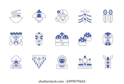 Traditions icon set. Duotone style line stroke and bold. Vector illustration. Containing noodle, brigadeiro, mask, levantamentodomastro, nativeamerican, girl, shawl, catrina, dutch, kasa, dimsum.