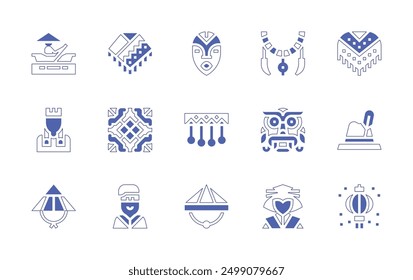 Traditions icon set. Duotone style line stroke and bold. Vector illustration. Containing pendant, tile, hat, lantern, kabuki, chinesehat, nativeamerican, woman, dragon, kasa.