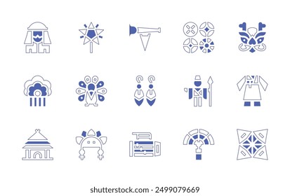 Traditions icon set. Duotone style line stroke and bold. Vector illustration. Containing home, cootiecatchers, peacock, izanagi, hanbuk, instrument, earrings, fan, peineta, indian.