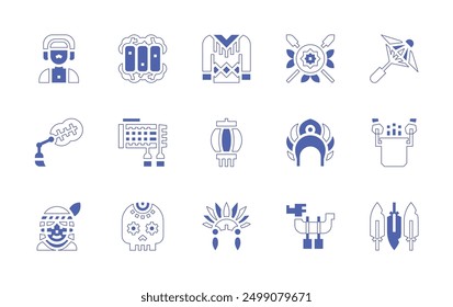 Traditions icon set. Duotone style line stroke and bold. Vector illustration. Containing lantern, indian, dragonboat, feather, paseodelaolla, musicalinstrument, woman, skull, kokoshnik, fan.