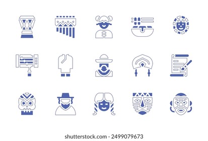 Traditions icon set. Duotone style line stroke and bold. Vector illustration. Containing drum, aodai, mexican, zampona, musicalinstrument, kokoshnik, tteokbokki, girl.