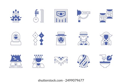 Traditions icon set. Duotone style line stroke and bold. Vector illustration. Containing decorate, chilkatblanket, kadomatsu, colombian, musicalinstrument, shawl, rong, taiwanese, muslim.