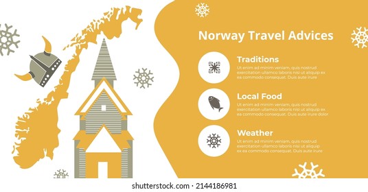 Traditions And Local Food, Weather Tips And Norway Travel Advice For People. Banner With Viking Helmet And Wooden Church, Map Of The Scandinavian Country And Falling Snowflakes, Vector In Flat Style