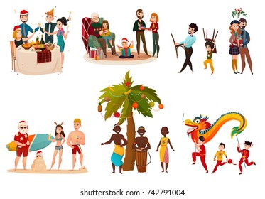 Traditions of new year set with family celebration, african people under palm, chinese dancing isolated vector illustration