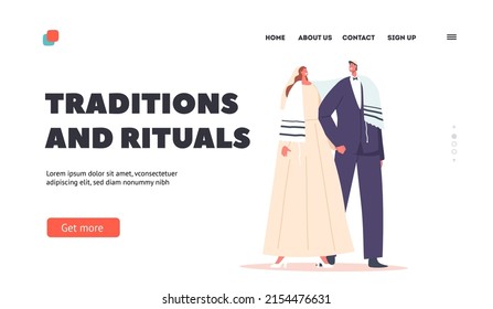 Traditions and Rituals Landing Page Template. Jewish Couple Wedding Ceremony, Contemporary Jew Groom and Bride Characters Wear Festive Clothes, Newlywed Marriage. Cartoon People Vector Illustration