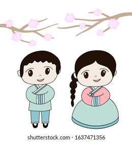 Traditions of South Korea. Happy new year or chuseok celebration card template. Lettering Vector illustration. Kids in traditional clothes hanbok. Asian culture. Sakura cherry blossom.