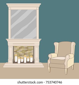 Traditoinal tall fireplace with mirror in frame. Classic chair. Vector illustration