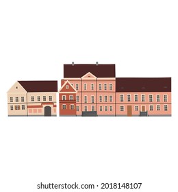 Traeckaje Suburb. Vector color hand drawn illustration with an old town city cute house panorama. Minsk, Belarus.