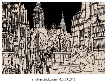 Trafalgar Square in London, England. Scene street illustration. Hand drawn ink vintage sketch European old town, historical architecture with window, building, roof. Ink drawing, travel postcard.