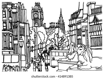 Trafalgar Square in London, England. Scene street illustration. Hand drawn ink vintage sketch European old town, historical architecture with window, building, roof. Ink drawing, travel postcard.