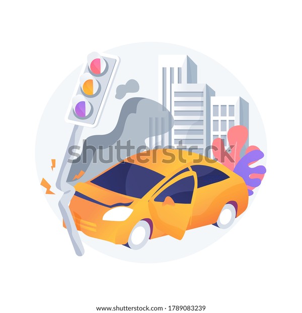Traffic accident abstract concept vector\
illustration. Road accident report, traffic laws violation, single\
car crash investigation, injury statistics, multi-vehicle collision\
abstract metaphor.