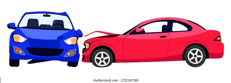 Traffic accident. Auto crashed into automobile, damaged hood. Disaster two vehicles isolated object. Collision on road, safety of driving personal vehicles, car insurance. Vector illustration