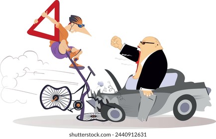 Traffic accident. Bicycle accident. Collisions with car and bisycle.
Angry driver shouts on a cyclist hanging on the road sign after the crash
