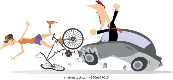 Traffic accident. Bike accident - collisions with car. Automobile knocking down man riding on bike. Road collision with cyclist involved