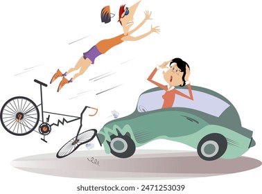 Traffic accident. Bike accident - collisions with car. Woman driver knocking down man riding on bike. Road collision with cyclist involved