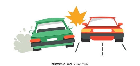 Traffic accident, car crash of two drivers on highway or road. Transport collision, problems and troubles with vehicles. Inflammation and spark on automobile. Emergency case. Vector in flat style