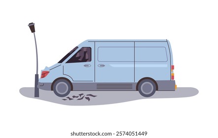 Traffic accident car crash. Vector isolated van hit light pole at street. Damaged automobile with broken window and bumper. Road incidents while driving, inattentive driver of vehicle on road