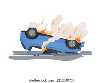 Traffic accident, car turned upside down in fire