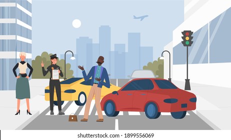 Traffic accident city scene with cars vector illustration. Cartoon cityscape with police officer, two car crash on street road, side collision with vehicles driven by man and woman involved background