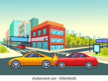 Traffic accident at an crossroads in city, collision of two cars. Failure to respect traffic rules. Road traffic accident concept vector illustration