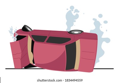 Traffic accident and damage automobile with smoke. Car crash incident of vehicle laying upside down. Collision or breakdown of transport. Dented bumper, emergency on highway, vector in flat style